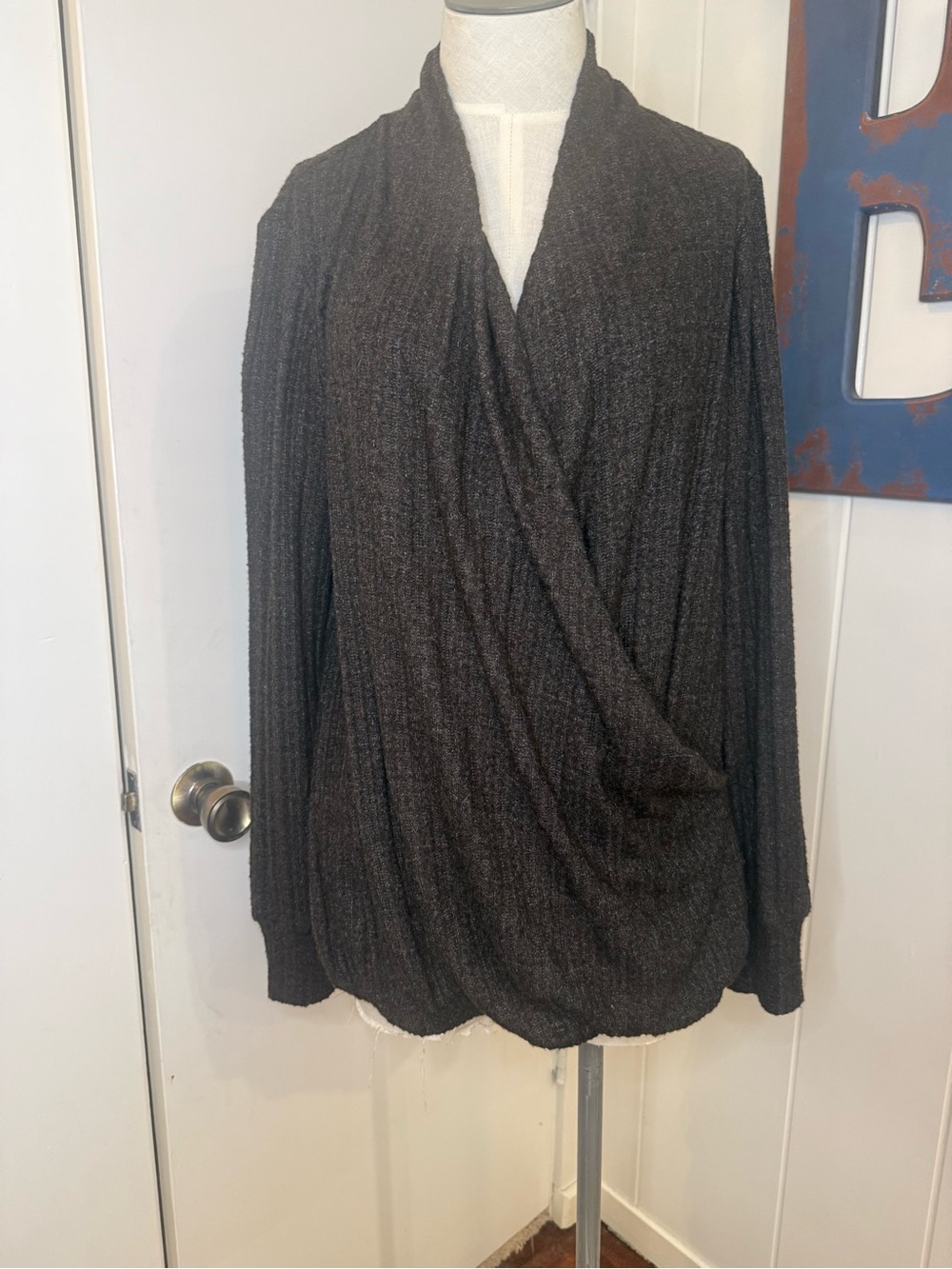 Anthropologie Wrap Front Long Sleeve Knit Top in Dark Charcoal size medium